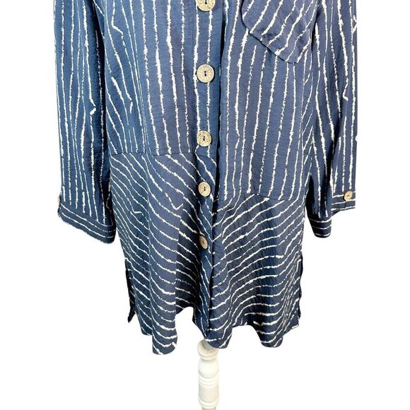 John Mark Blue Striped Tunic Artsy Boho Asymmetrical Accents Wire Collar Size M - Picture 3 of 9